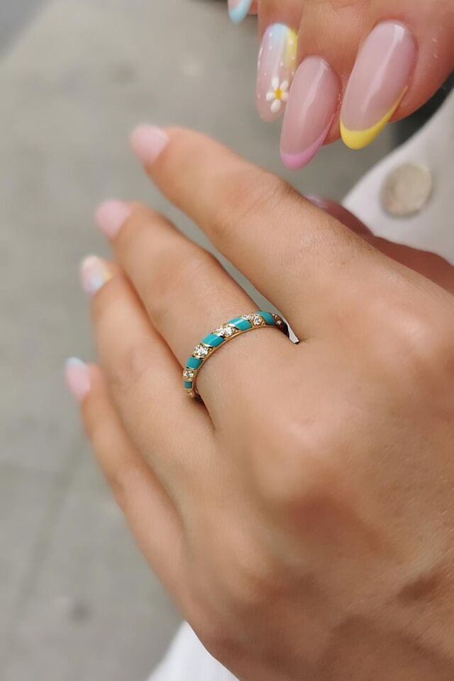 14 AYAR FİRUZE MİNELİ BOMBELİ İTALYAN YÜZÜK 18