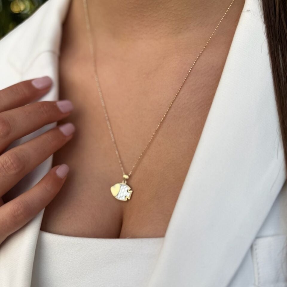 14 AYAR SEDEF TAŞLI ÖZEL TASARIM BALIK KOLYE