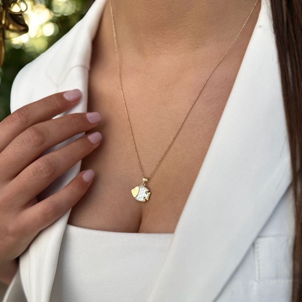 14 AYAR SEDEF TAŞLI ÖZEL TASARIM BALIK KOLYE