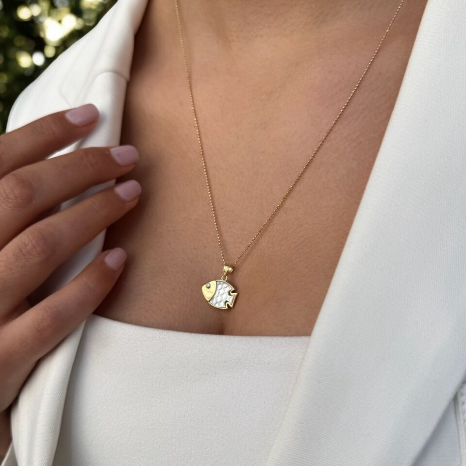 14 AYAR SEDEF TAŞLI ÖZEL TASARIM BALIK KOLYE