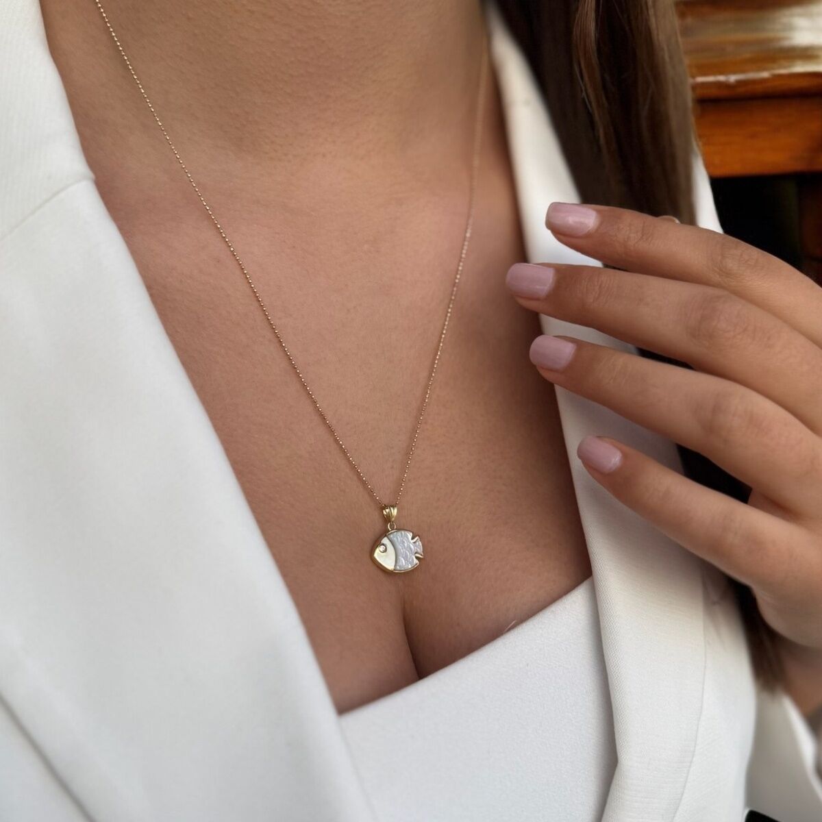 14 AYAR SEDEF TAŞLI ÖZEL TASARIM BALIK KOLYE