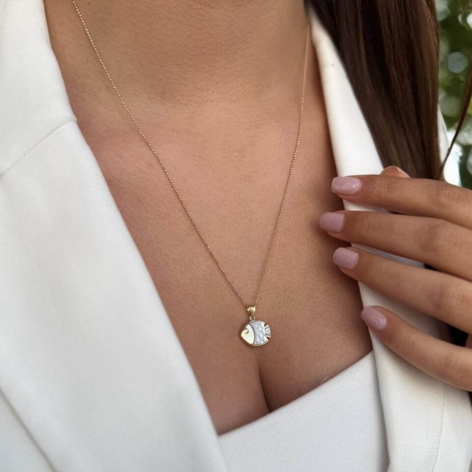 14 AYAR SEDEF TAŞLI ÖZEL TASARIM BALIK KOLYE