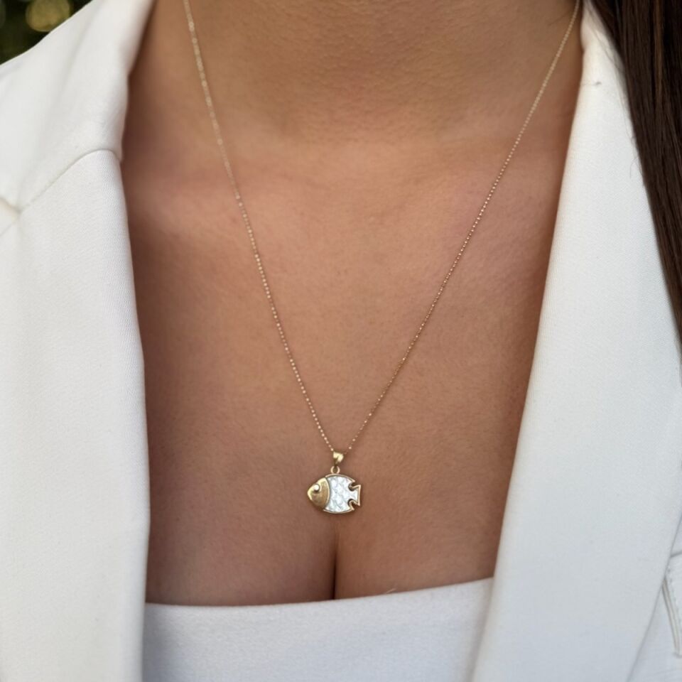 14 AYAR SEDEF TAŞLI ÖZEL TASARIM BALIK KOLYE