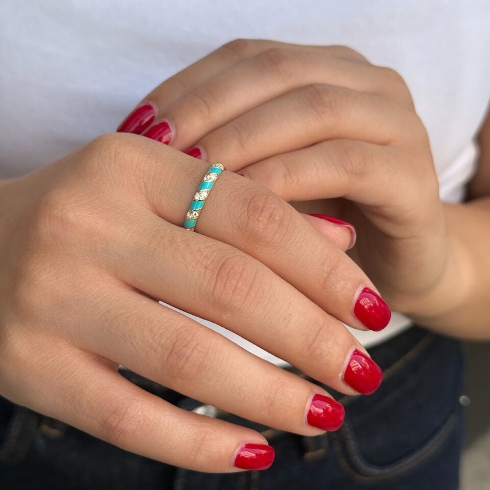 14 AYAR FİRUZE MİNELİ BOMBELİ İTALYAN YÜZÜK