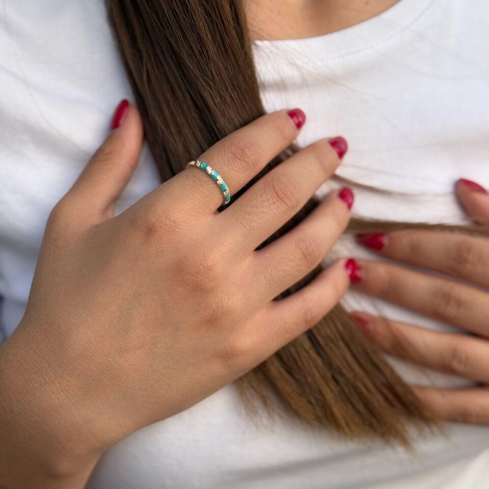 14 AYAR FİRUZE MİNELİ BOMBELİ İTALYAN YÜZÜK