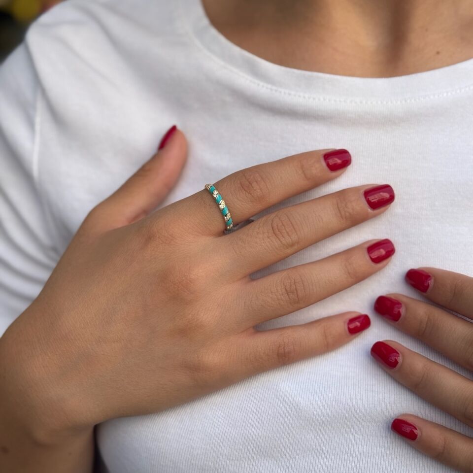 14 AYAR FİRUZE MİNELİ BOMBELİ İTALYAN YÜZÜK