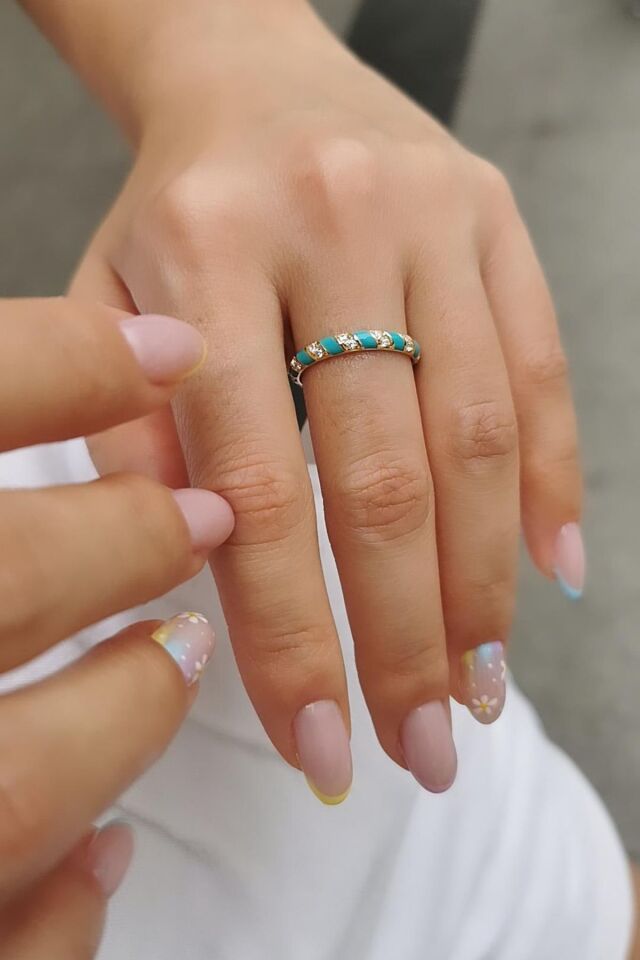 14 AYAR FİRUZE MİNELİ BOMBELİ İTALYAN YÜZÜK 16