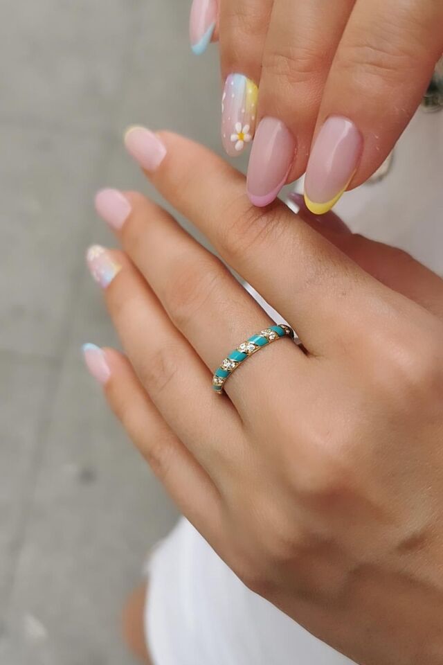 14 AYAR FİRUZE MİNELİ BOMBELİ İTALYAN YÜZÜK 16