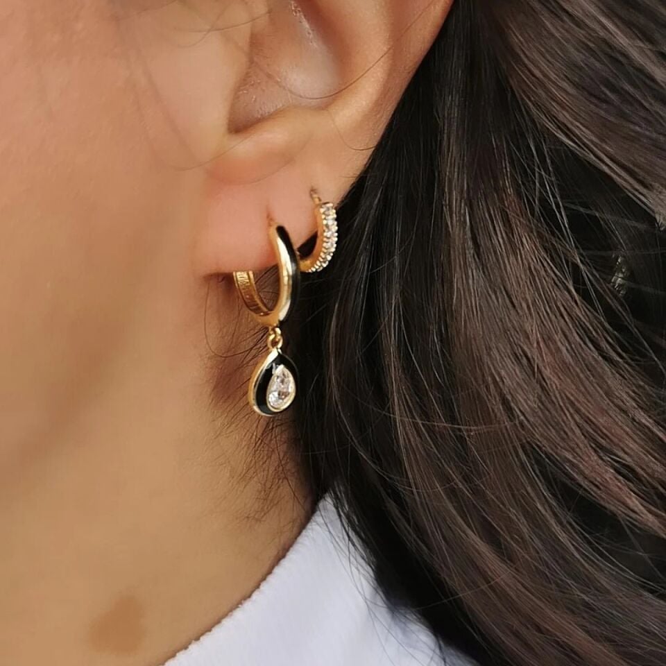 14 AYAR DAMLA TAŞLI SİYAH MİNELİ HALKA KÜPE