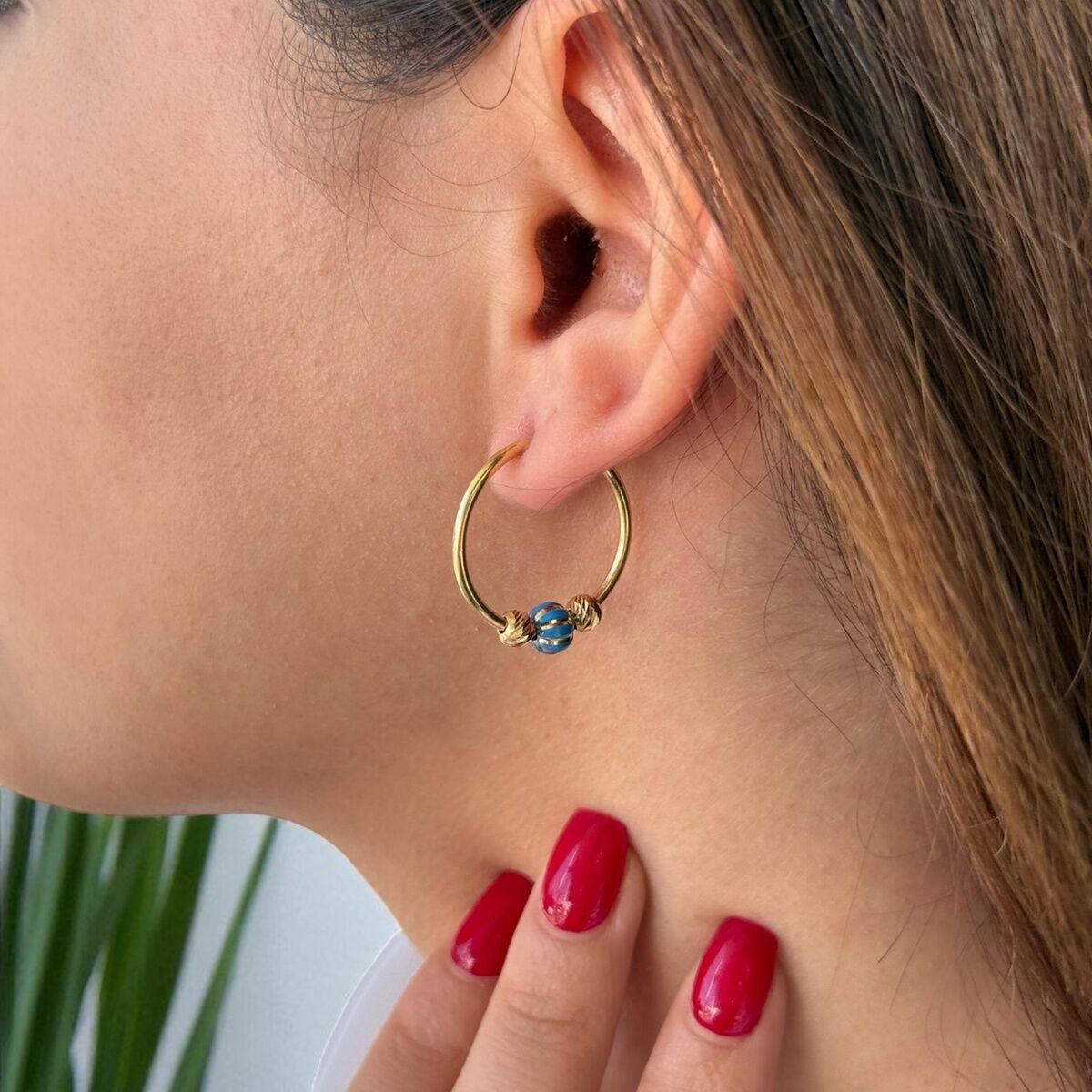 14 Ayar Mavi Mineli Halka Küpe