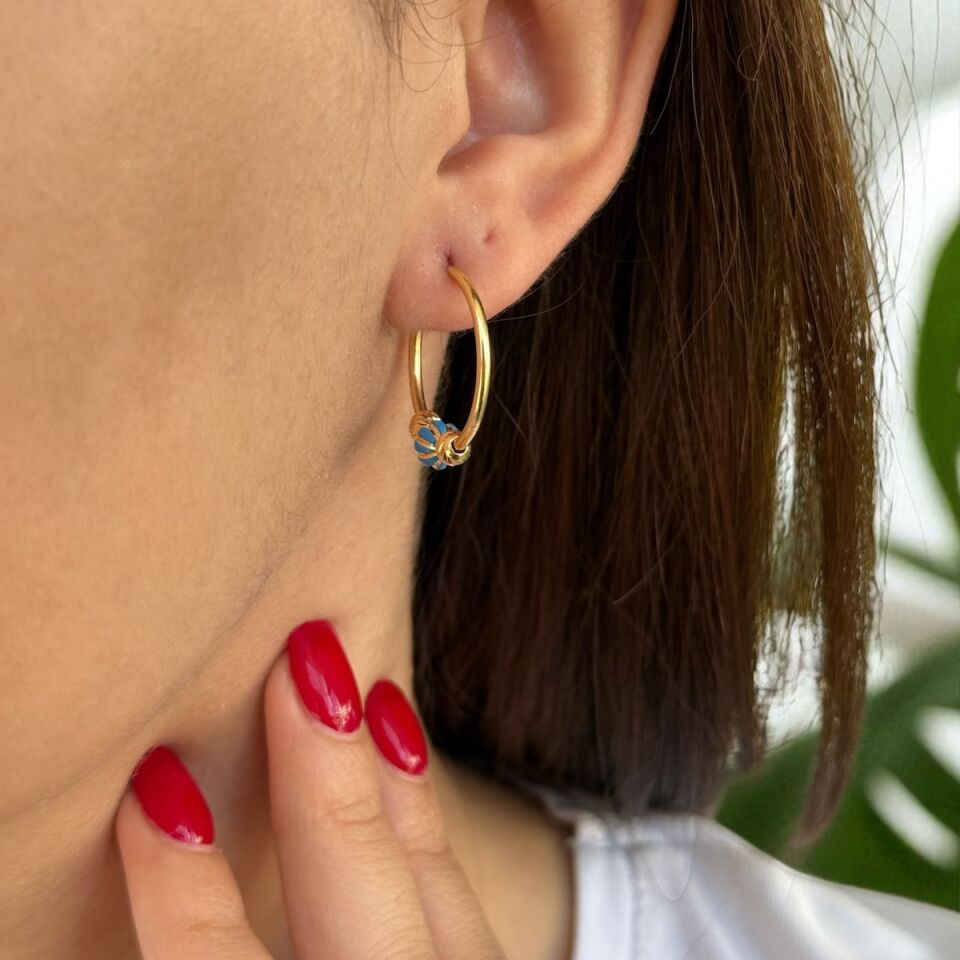 14 Ayar Mavi Mineli Halka Küpe