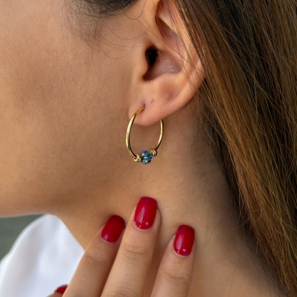 14 Ayar Mavi Mineli Halka Küpe