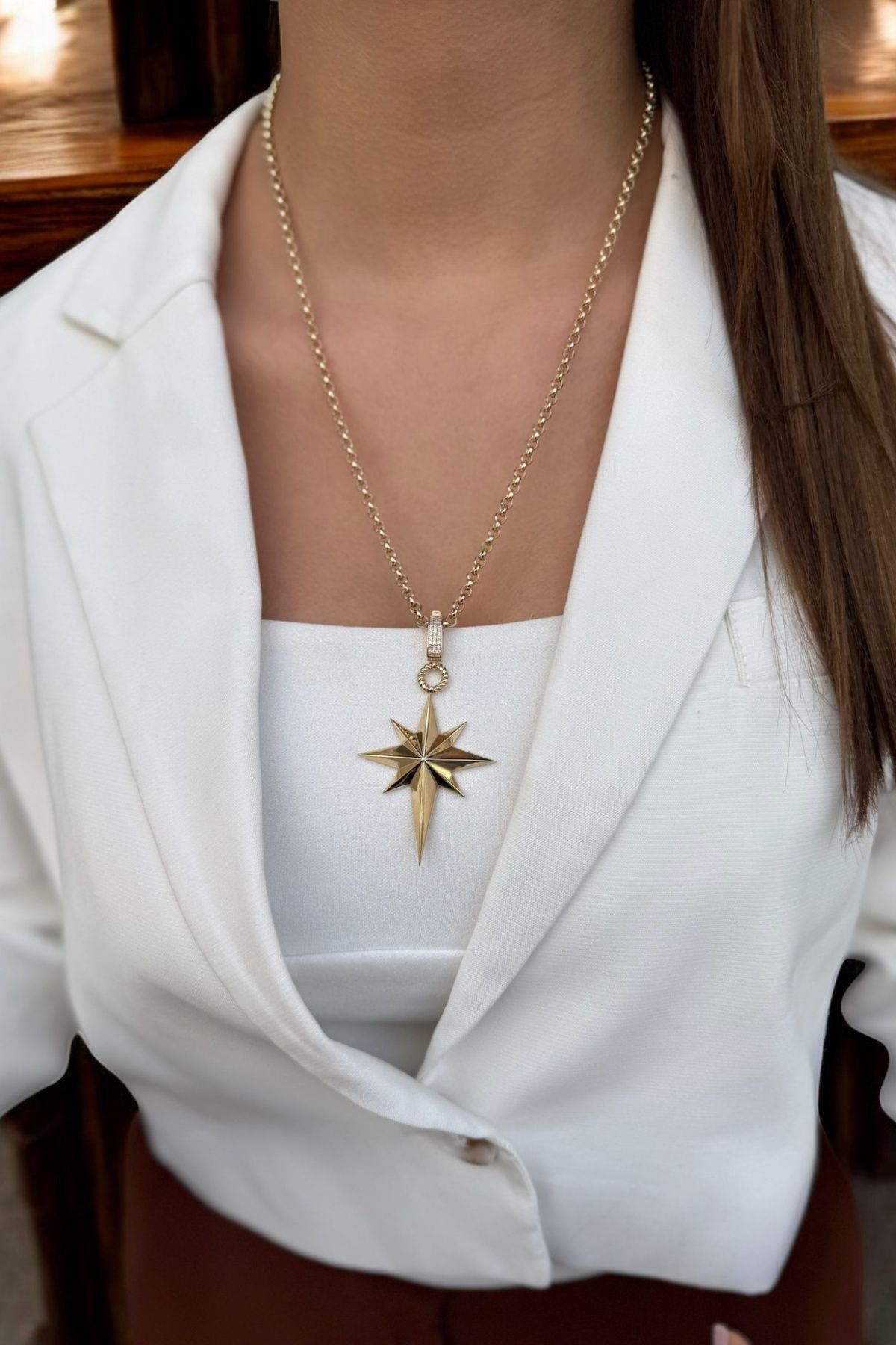 14 AYAR ÖZEL TASARIM BÜYÜK BOY KUTUPYILDIZ UÇLU ALTIN KOLYE