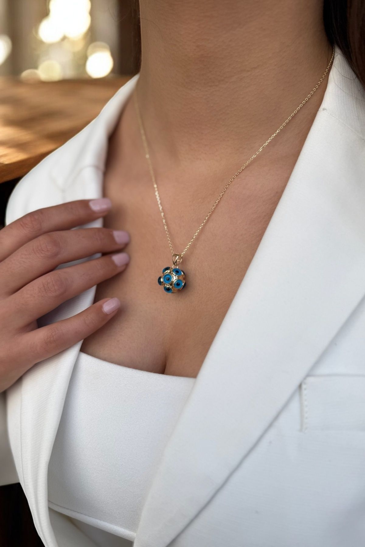 14 AYAR TOP ŞEKLİNDE NAZAR BONCUKLU ÖZEL TASARIM ALTIN KOLYE