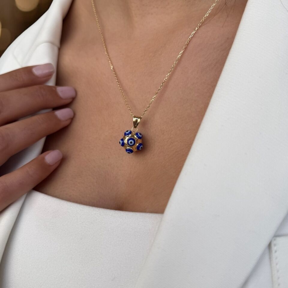 14 AYAR TOP ŞEKLİNDE NAZAR BONCUKLU ÖZEL TASARIM ALTIN KOLYE