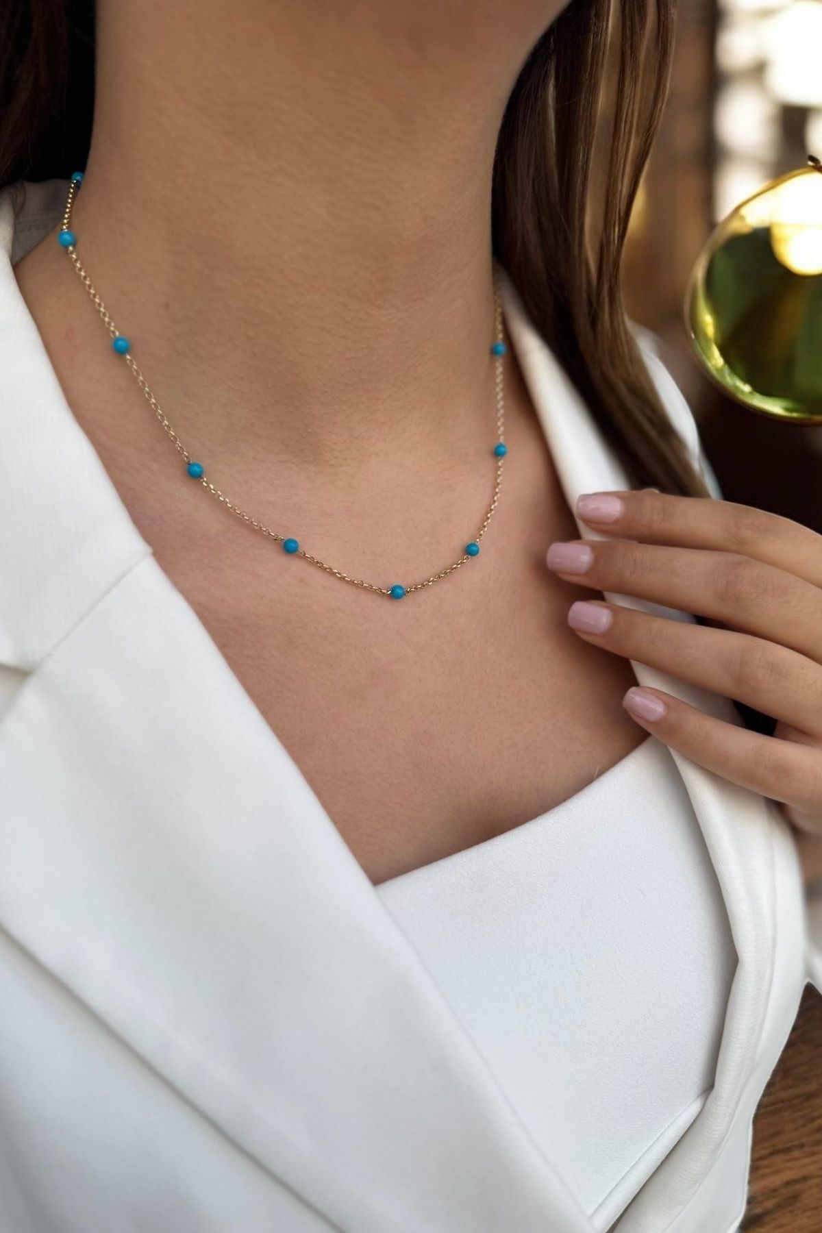 14 AYAR FİRUZE TAŞLI DOC ZİNCİRLİ TASARIM ALTIN KOLYE