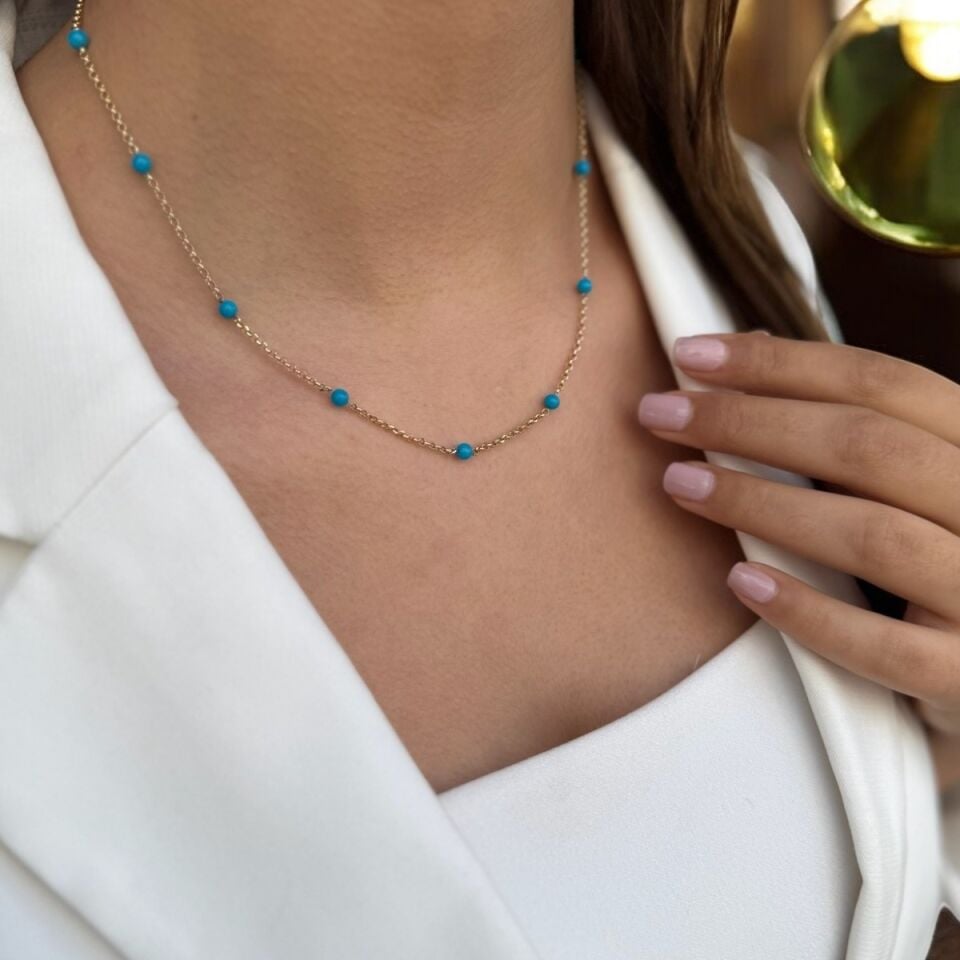 14 AYAR FİRUZE TAŞLI DOC ZİNCİRLİ TASARIM ALTIN KOLYE