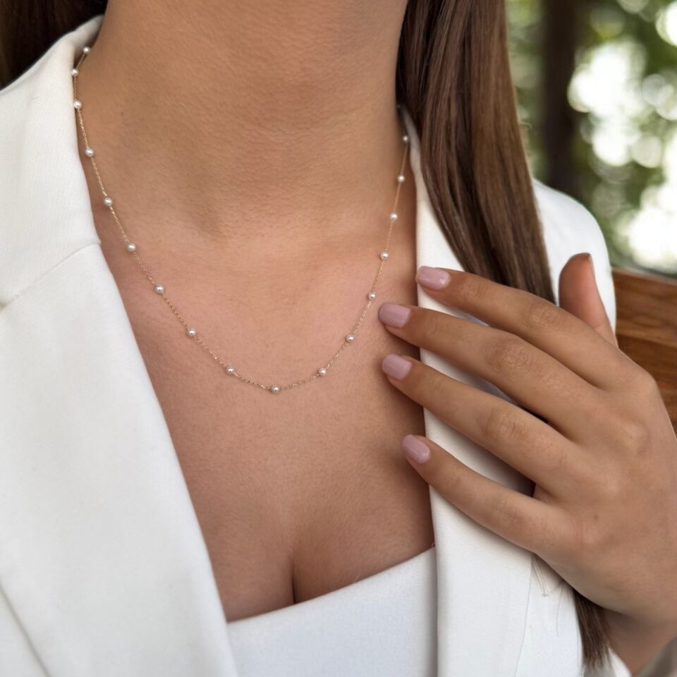 14 AYAR İNCİLİ TASARIM ALTIN KOLYE