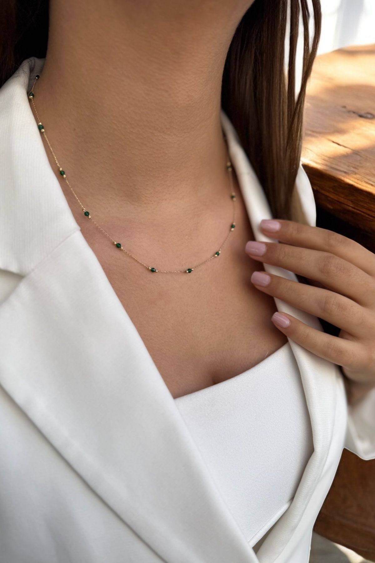 14 AYAR YEŞİL TAŞLI DORİKALI TASARIM ALTIN KOLYE