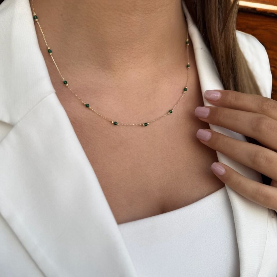 14 AYAR YEŞİL TAŞLI DORİKALI TASARIM ALTIN KOLYE