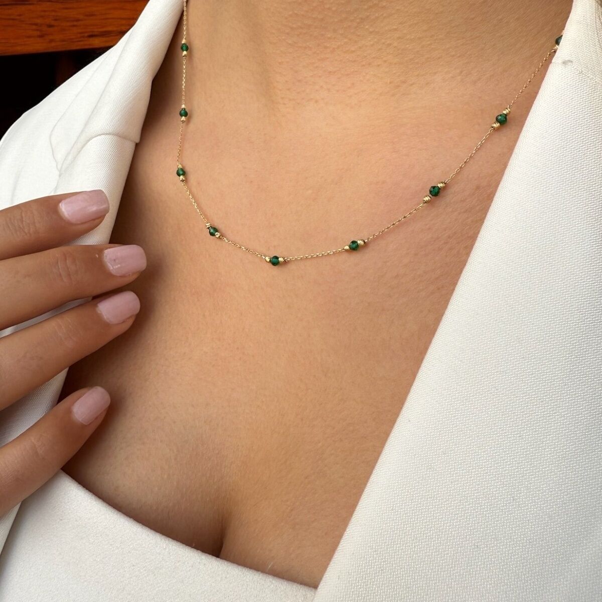 14 AYAR YEŞİL TAŞLI DORİKALI TASARIM ALTIN KOLYE