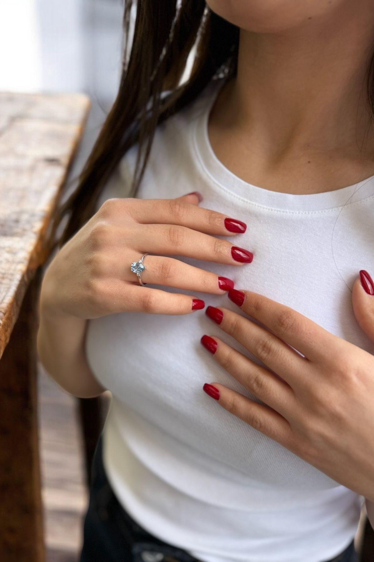 14 AYAR 1,34 CT AQUAMARİN TAŞLI VE 0,04 CT PIRLANTA TAŞLI BEYAZ ALTIN YÜZÜK 14