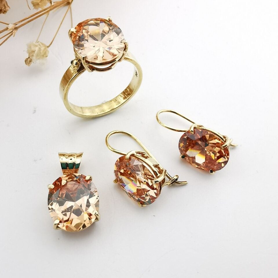 14 Ayar Bal Citrin Taşlı Üçlü Takım