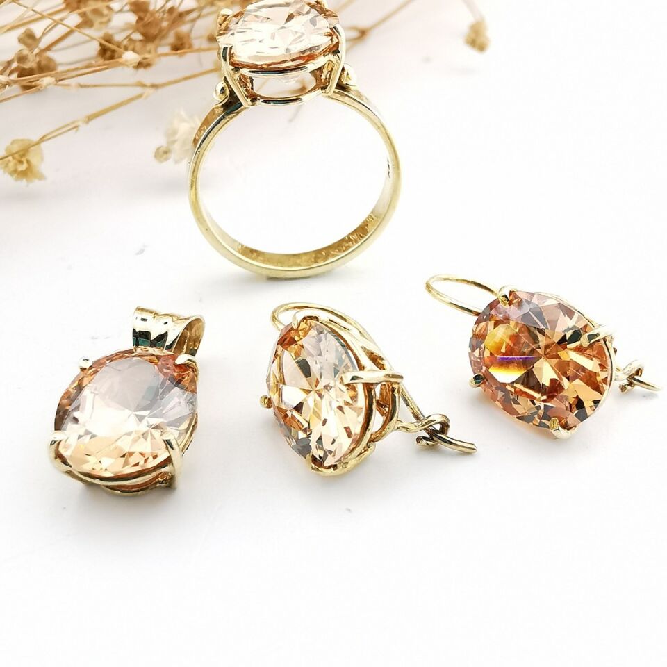 14 Ayar Bal Citrin Taşlı Üçlü Takım