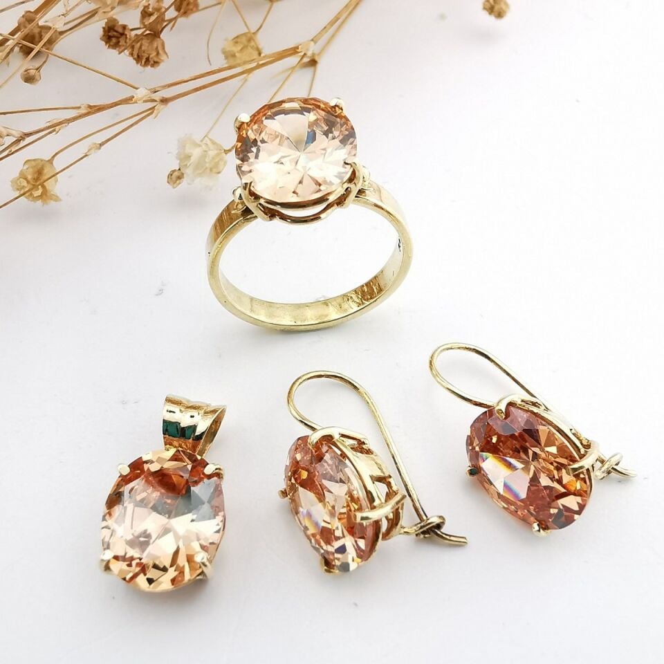 14 Ayar Bal Citrin Taşlı Üçlü Takım