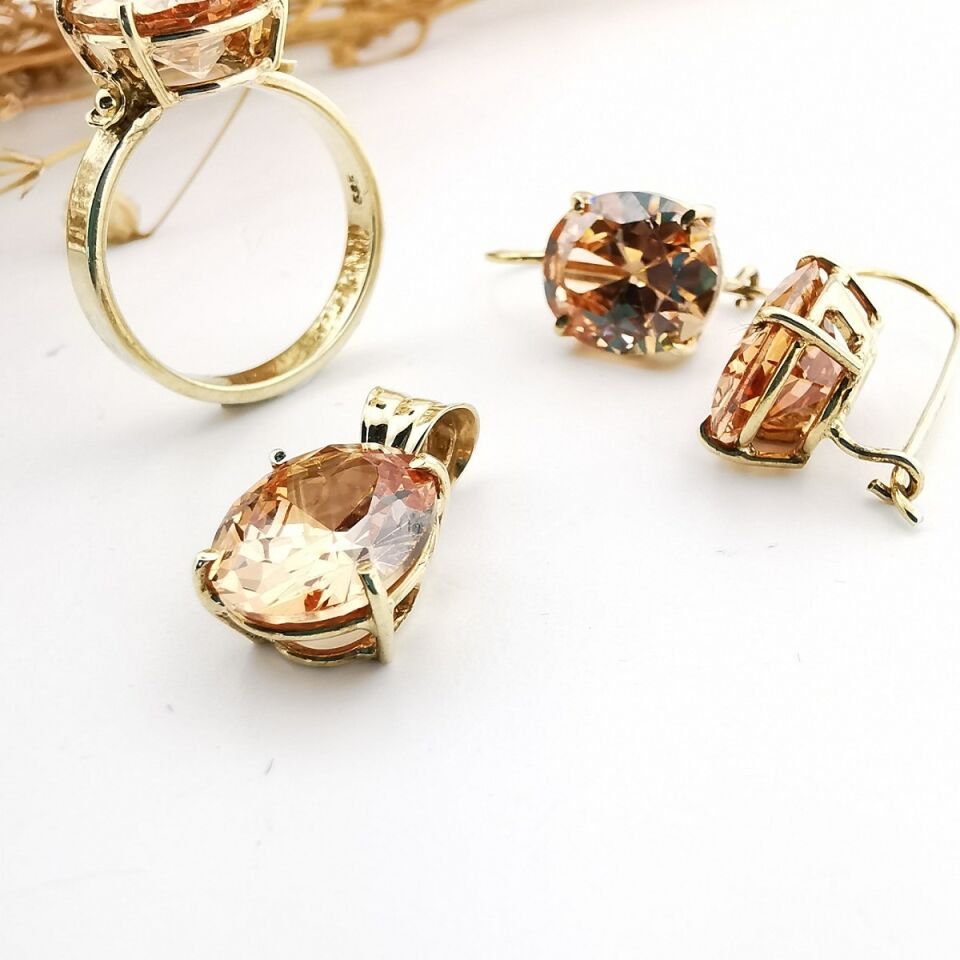 14 Ayar Bal Citrin Taşlı Üçlü Takım