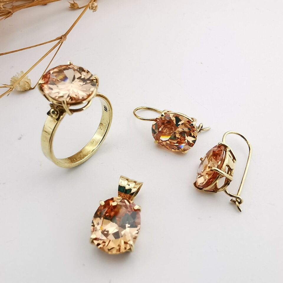 14 Ayar Bal Citrin Taşlı Üçlü Takım