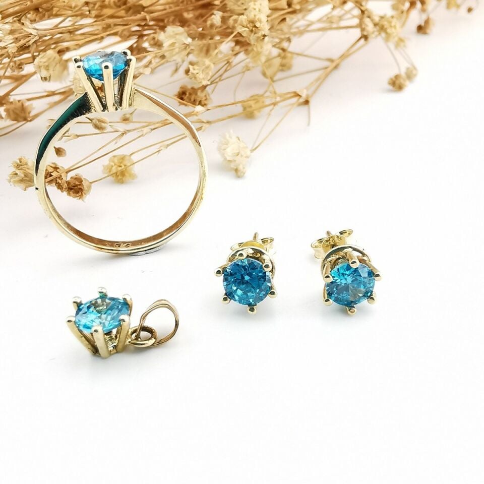 14 Ayar El Yapımı Aqua Marin Rengi Taşlı Altın Takım
