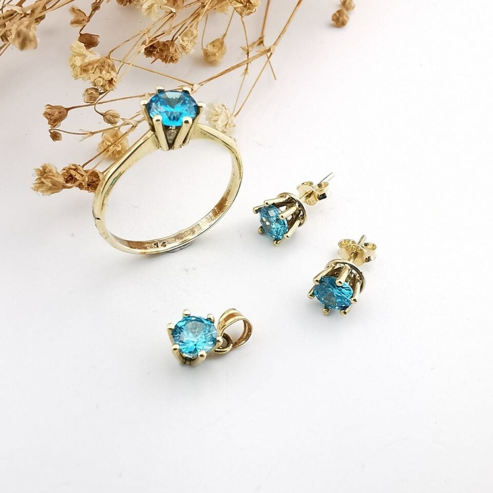 14 Ayar El Yapımı Aqua Marin Rengi Taşlı Altın Takım