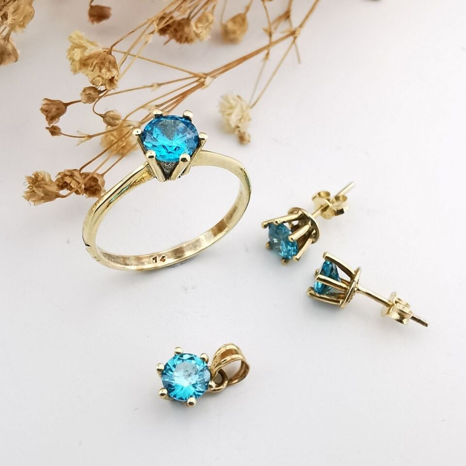 14 Ayar El Yapımı Aqua Marin Rengi Taşlı Altın Takım