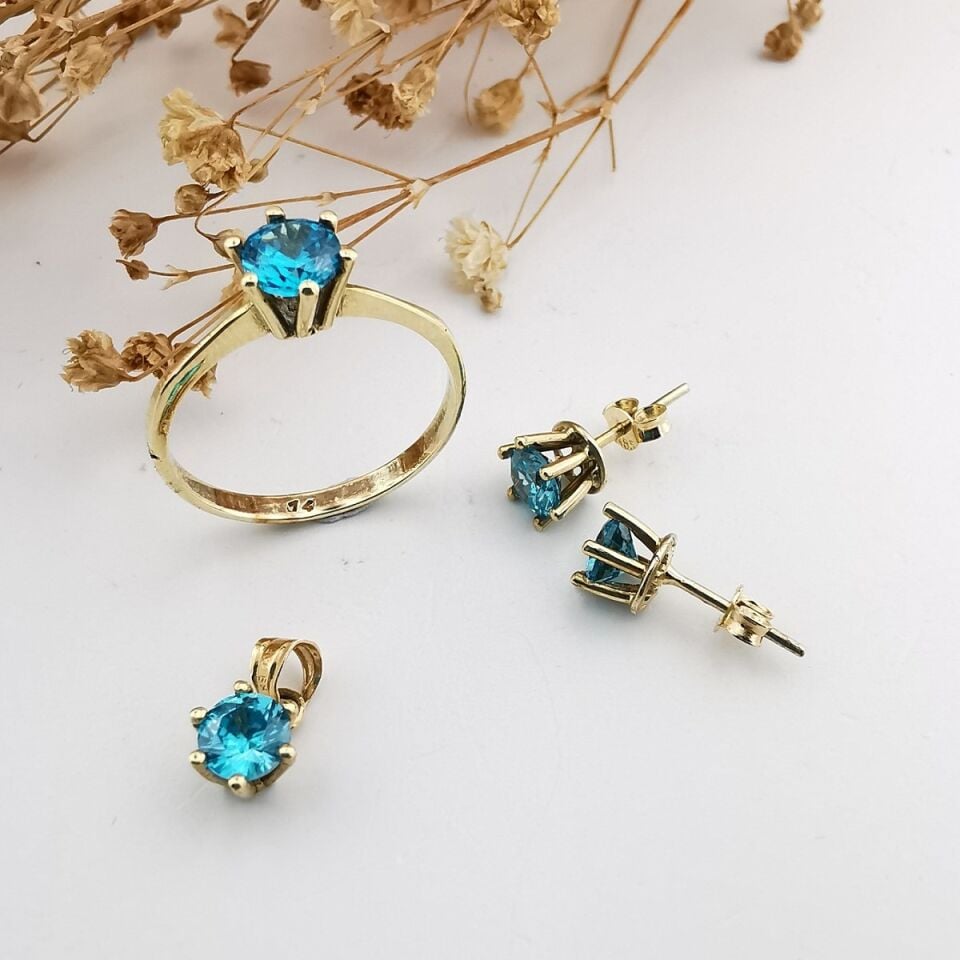 14 Ayar El Yapımı Aqua Marin Rengi Taşlı Altın Takım