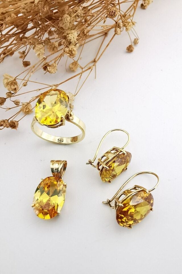 14 Ayar Kristal Sarı Topaz El Yapımı Altın Üçlü Takım