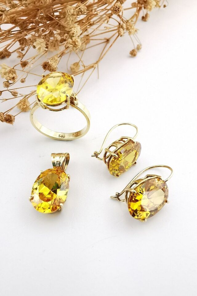 14 Ayar Kristal Sarı Topaz El Yapımı Altın Üçlü Takım