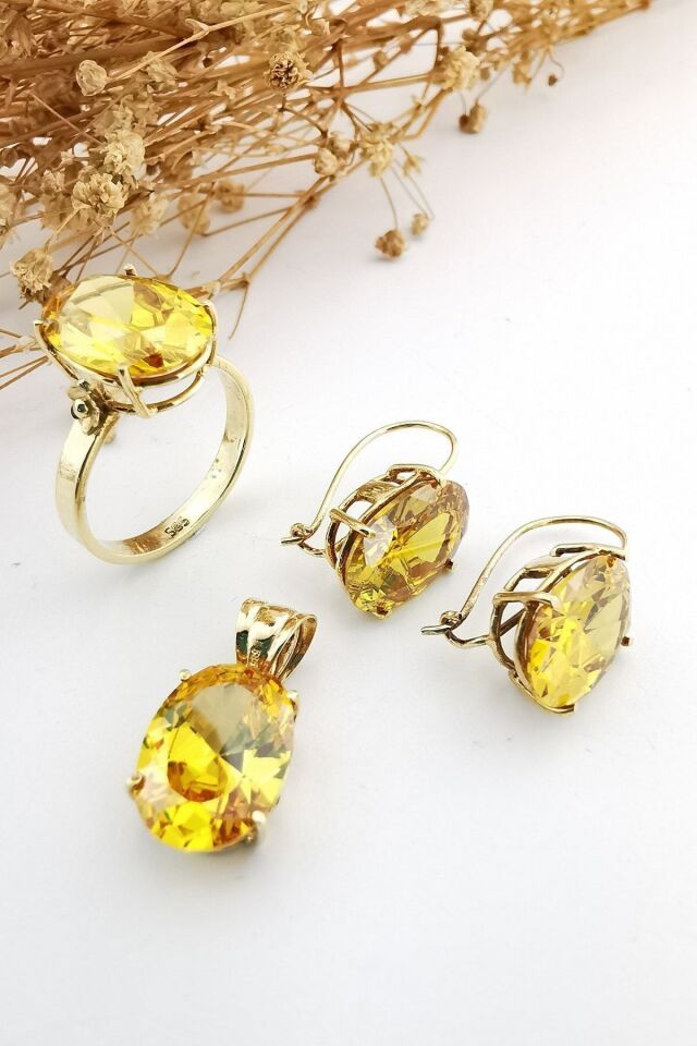 14 Ayar Kristal Sarı Topaz El Yapımı Altın Üçlü Takım