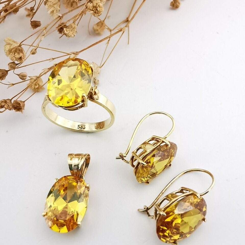 14 Ayar Kristal Sarı Topaz El Yapımı Altın Üçlü Takım
