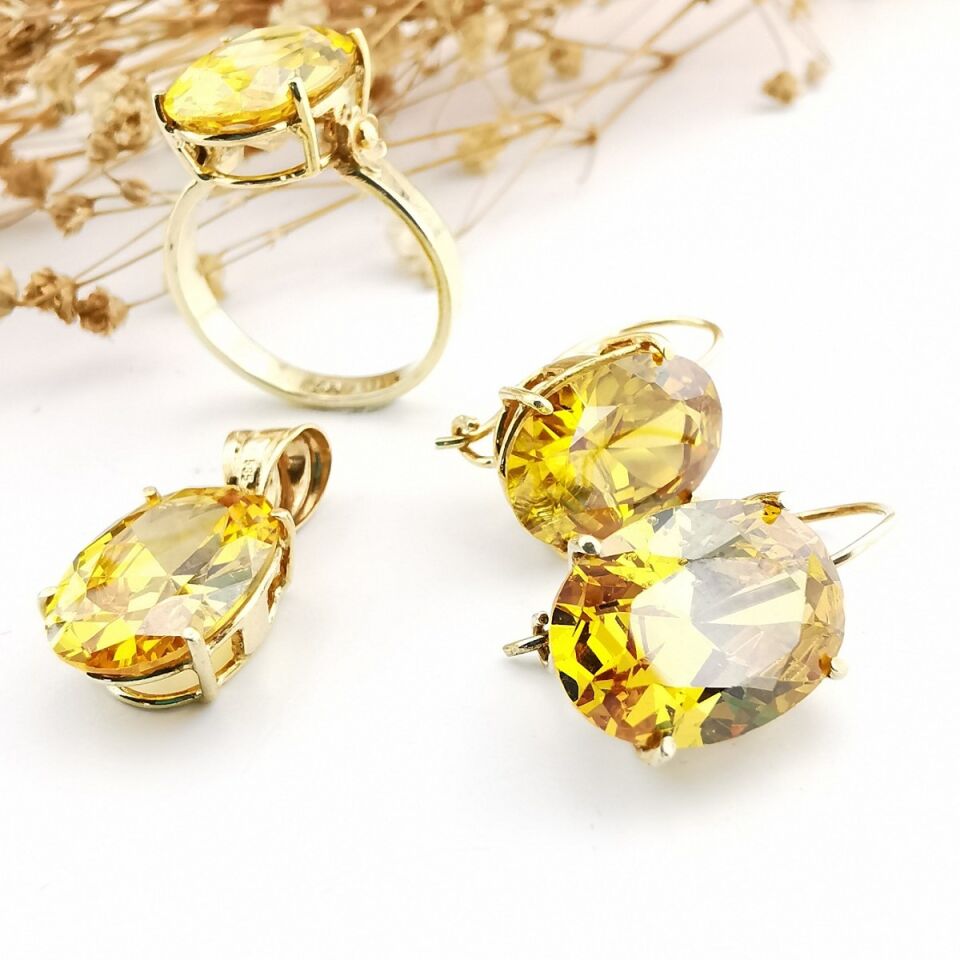 14 Ayar Kristal Sarı Topaz El Yapımı Altın Üçlü Takım