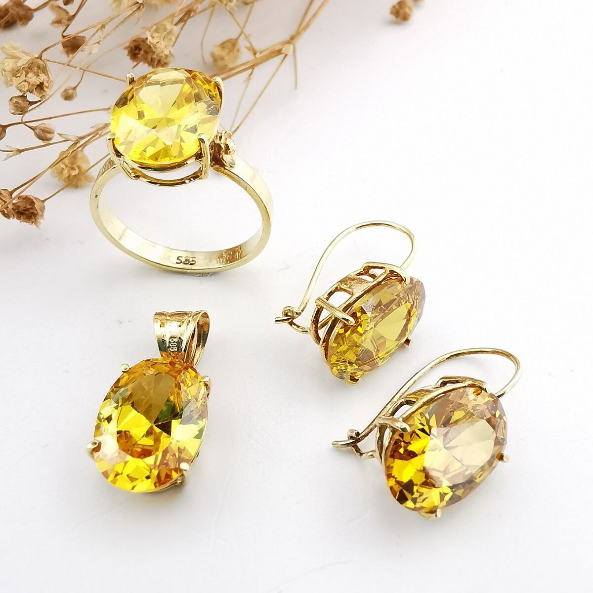 14 Ayar Kristal Sarı Topaz El Yapımı Altın Üçlü Takım