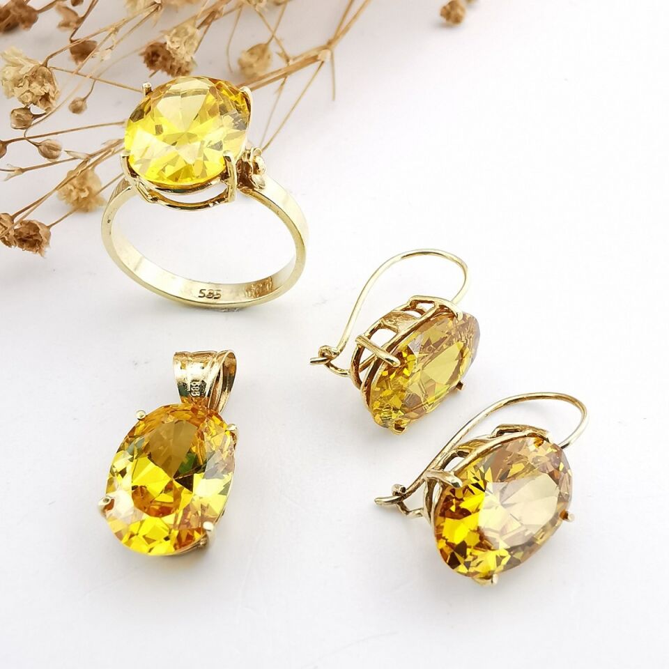 14 Ayar Kristal Sarı Topaz El Yapımı Altın Üçlü Takım