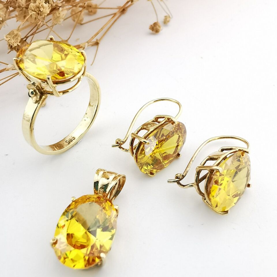 14 Ayar Kristal Sarı Topaz El Yapımı Altın Üçlü Takım
