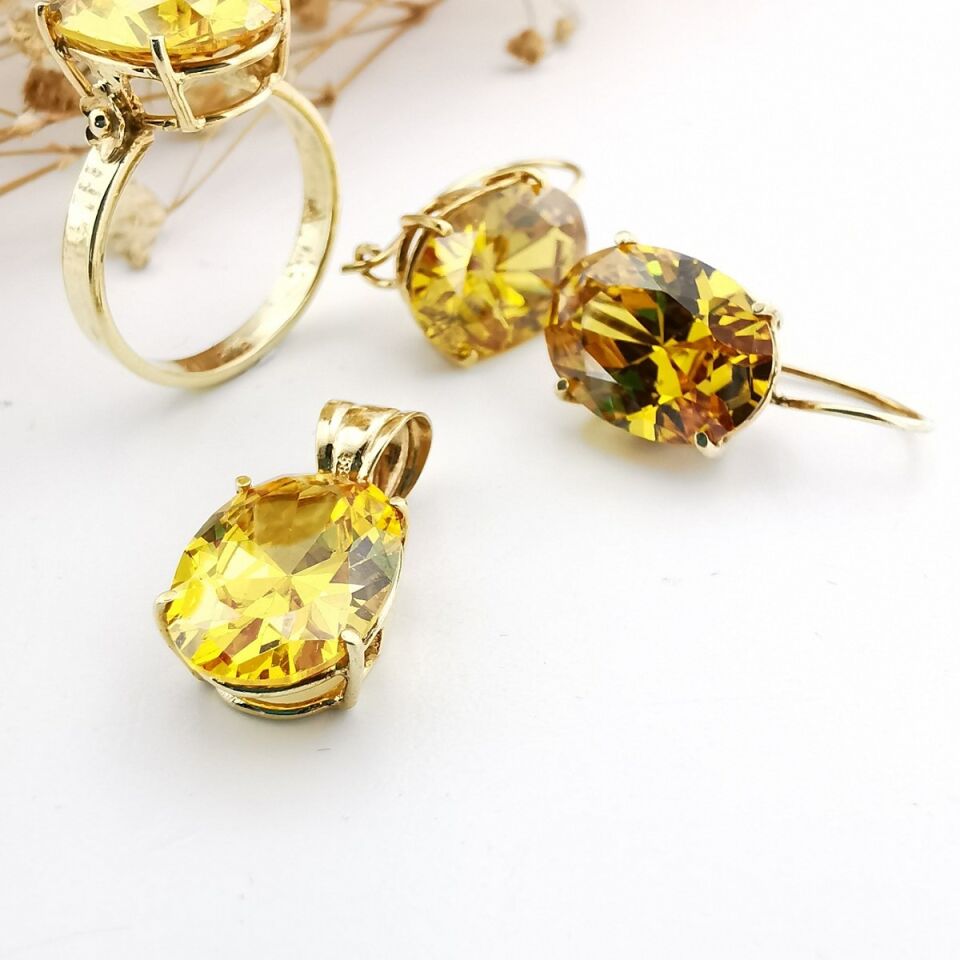 14 Ayar Kristal Sarı Topaz El Yapımı Altın Üçlü Takım