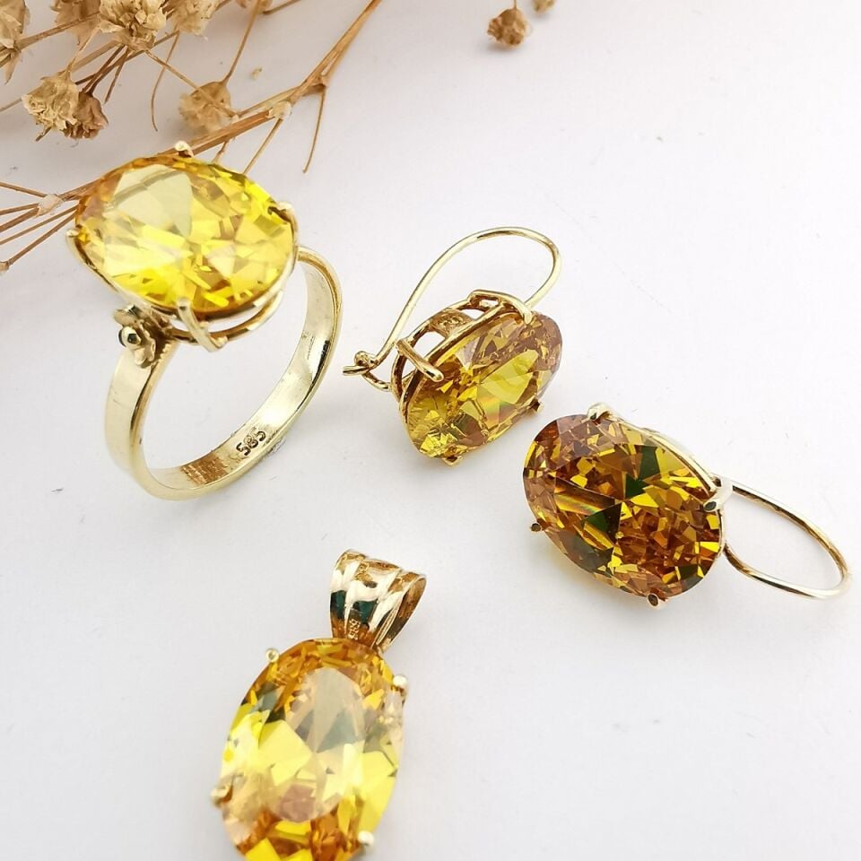 14 Ayar Kristal Sarı Topaz El Yapımı Altın Üçlü Takım