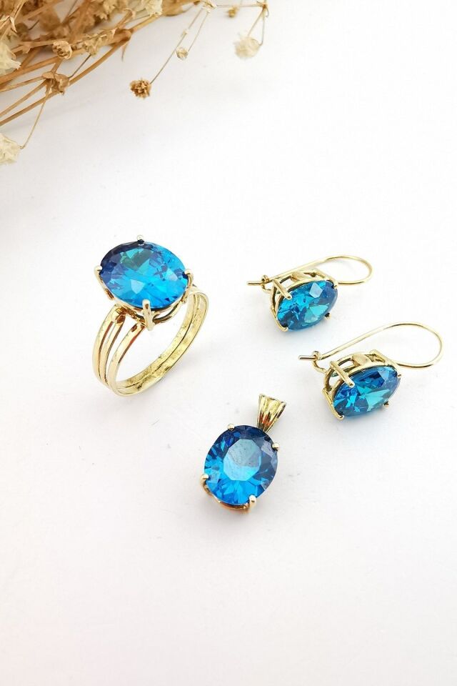 14 Ayar Kristal Blue Topaz El Yapımı Altın Üçlü Takım