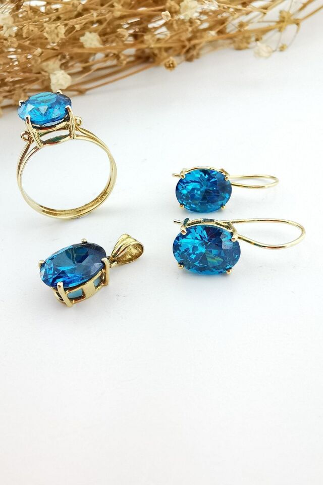 14 Ayar Kristal Blue Topaz El Yapımı Altın Üçlü Takım