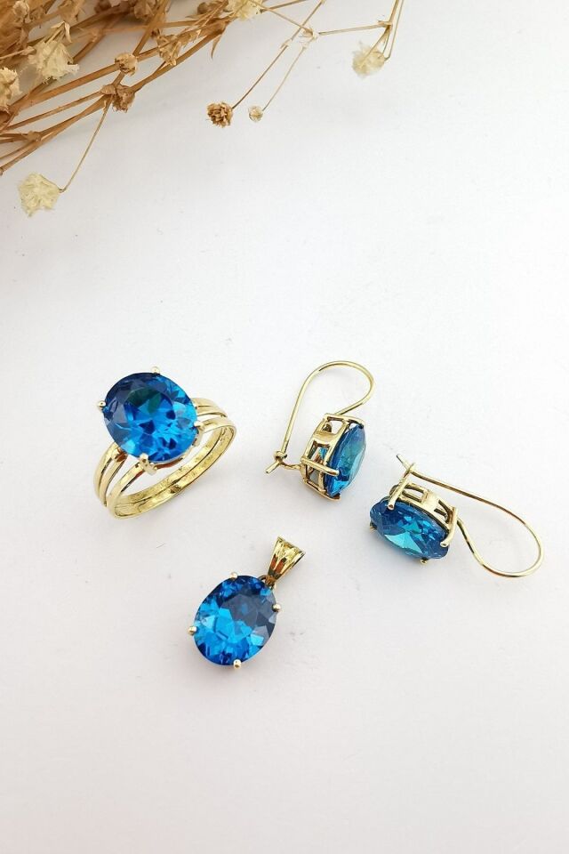 14 Ayar Kristal Blue Topaz El Yapımı Altın Üçlü Takım