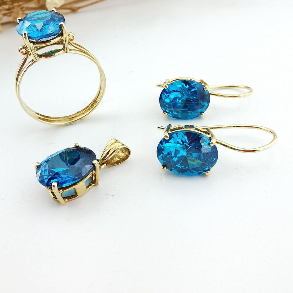 14 Ayar Kristal Blue Topaz El Yapımı Altın Üçlü Takım