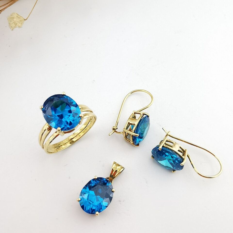 14 Ayar Kristal Blue Topaz El Yapımı Altın Üçlü Takım